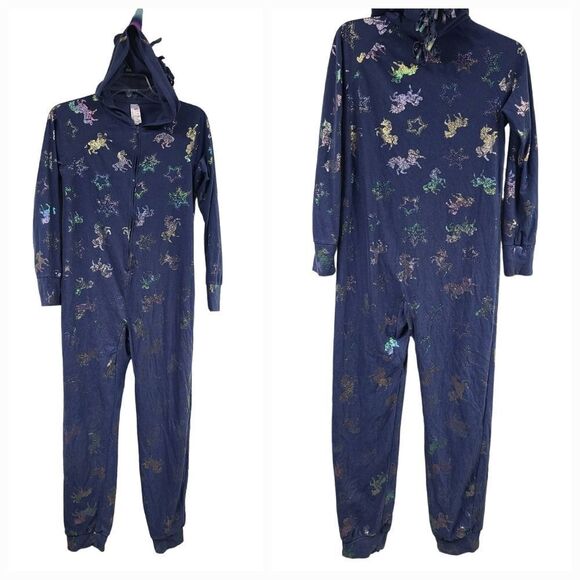 Justice Unicorn Girls Fleece Pajama Hooded Onesie One-Piece Blue Footless PJ 12 - Picture 1 of 13